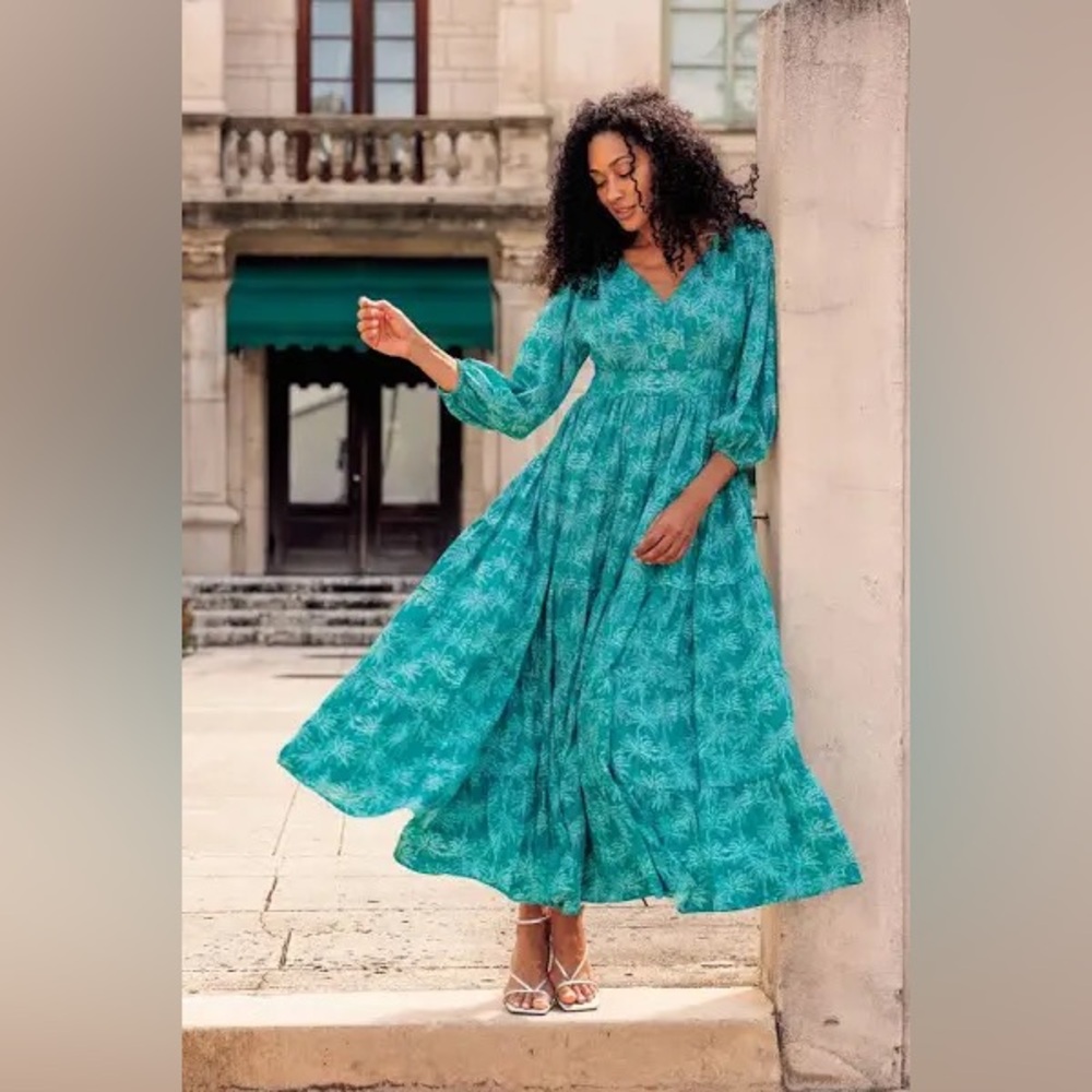 ▪️Coolibar UPF 50+ Flare Pleated Palm Beach Tiered Tahitian Teal Swaying Palms